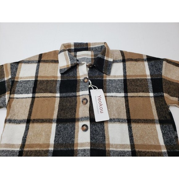 Yeokou Women's Jacket Shacket Button Up Long Sleeve Brown Plaid Size S NWT - Picture 2 of 10
